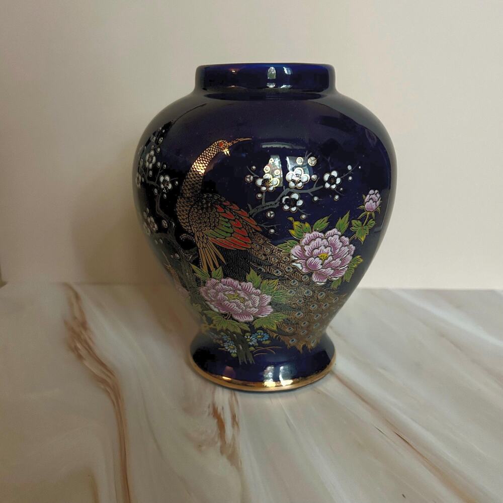 Hand-Painted Blue Ceramic Japanese Vase with Peacock and Floral Design